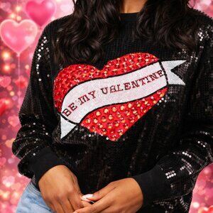 NWT Queen of Sparkles Black Full Sequin “Be My Valentine” Jeweled Heart Sweater